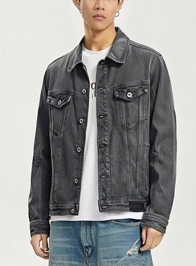 新款ABLE JEANS男秋季水洗灰色牛仔夹克男上衣翻领时尚多口袋外套