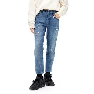 JEANS女水洗做旧破洞泼墨长裤 ABLE 春秋夏 新款 女士立体男朋友仔裤