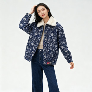 草莓熊联名款ABLE JEANS女士牛仔羊羔绒夹克冬季宽松棉服潮流棉衣