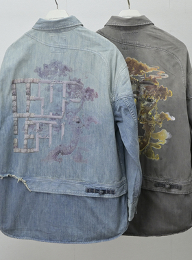 ABLE JEANS牛仔衬衫中国想象男女同款宽松休闲青年印绣花长袖衬衣