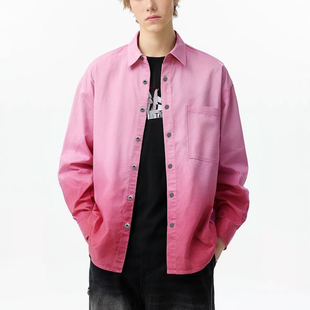 休闲字母绣花弹力衬衣潮流 JEANS长袖 男女衬衫 日系渐变色宽松ABLE