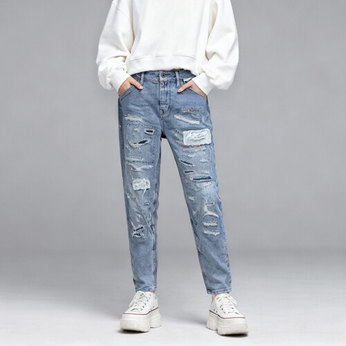 ABLE，JEANS破洞补丁复古牛仔裤