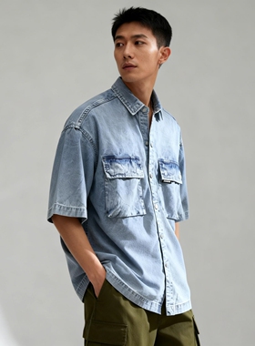 ABLE JEANS男女同款做旧水洗休闲翻领工装牛仔衬衫大口袋短袖衬衣