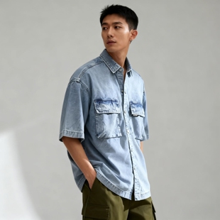牛仔衬衫 ABLE JEANS男女同款 做旧水洗休闲翻领工装 衬衣 大口袋短袖