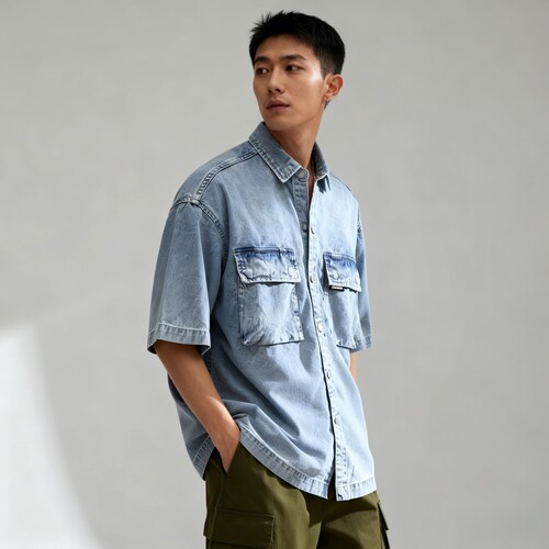 男女同款做旧翻领工装牛仔衬衫