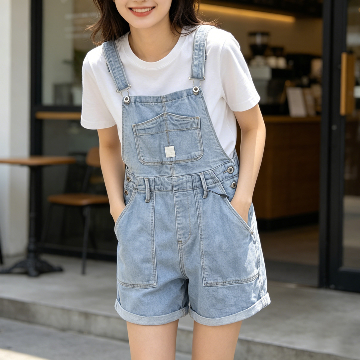 ablejeans女士夏季牛仔背带短裤