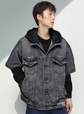 超赞ABLE JEANS男女同款黑色牛仔夹克假两件连帽休闲秋季外套宽松