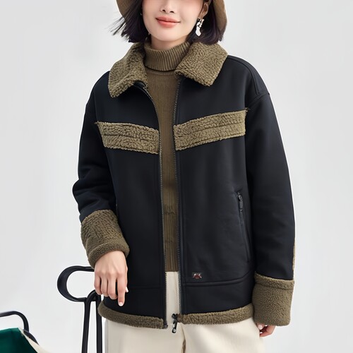 保暖好看女棉服仿羊羔绒牛仔夹克