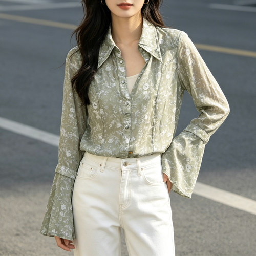 ABLE JEANS洋气女士雪纺碎花衬衫喇叭袖宽松翻领气质乔其纱女衬衣