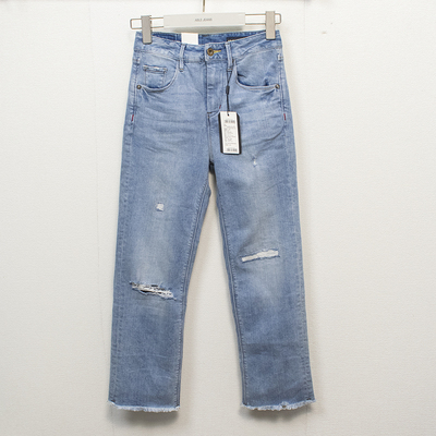 特价九分阔脚裤破洞水洗女牛仔裤