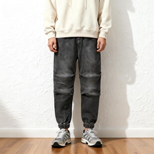 ABLE JEANS牛仔裤休闲束脚裤男滑板裤潮流宽松黑灰色工装男牛子裤