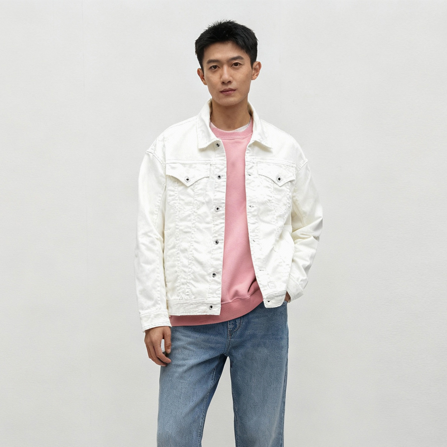 ABLE，JEANS男白色水洗牛仔夹克
