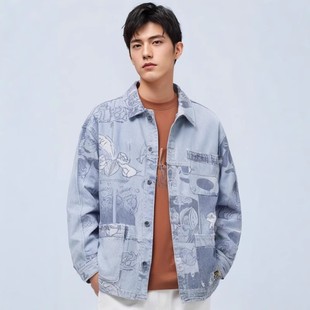 牛仔夹克男印花秋季 装 潮流街头外套ABLE 上衣时尚 JEANS男秋季 新款