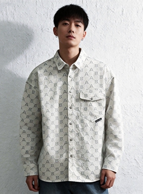 老钱风ABLE JEANS男休闲牛仔衬衫AB提花夹克型大码衬衫胖子外套帅