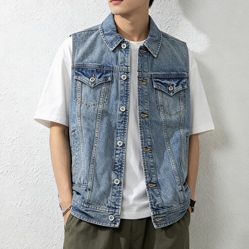 ABLEJEANS水洗牛仔翻领男女马甲