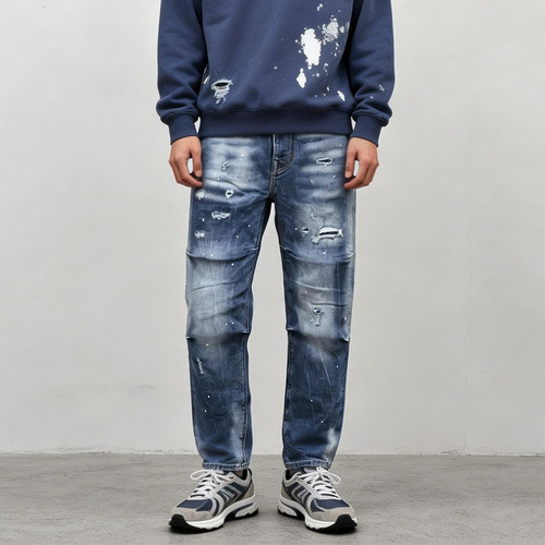 3D破洞水洗宽松锥形中腰男牛仔裤