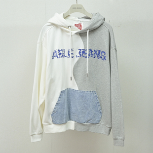 jeans中性水洗连帽印花卫衣潮流拼接套头衫 able 中国想象联名款