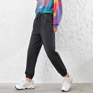 春季针织牛仔卫裤女ABLE JEANS休闲卫裤松紧腰宽松休闲黑色束脚裤