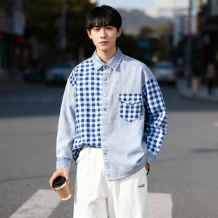 潮衬衣街头 长袖 撞色拼接ABLE JEANS男女中性OVERSIZE宽松牛仔衬衫