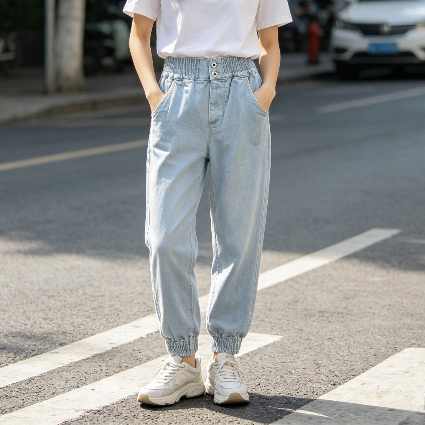 小范老有范【高腰显瘦】春夏浅色牛仔裤女束脚裤宽松休闲女九分裤