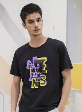 福利专柜ABLE JEANS男短袖T恤纯棉休闲打底衫圆领黑白体恤潮流男