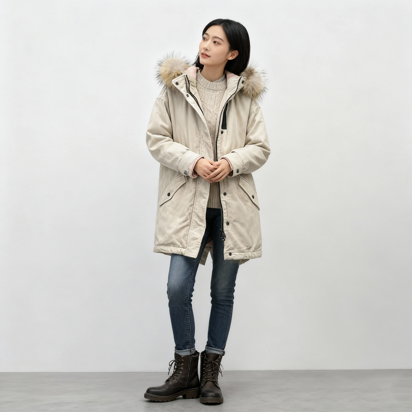 毛领灯芯绒棉衣ABLE JEANS女派克棉服宽松连帽休闲加厚冬装女外套