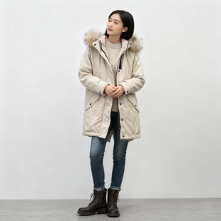 毛领灯芯绒棉衣ABLE JEANS女派克棉服宽松连帽休闲加厚冬装女外套