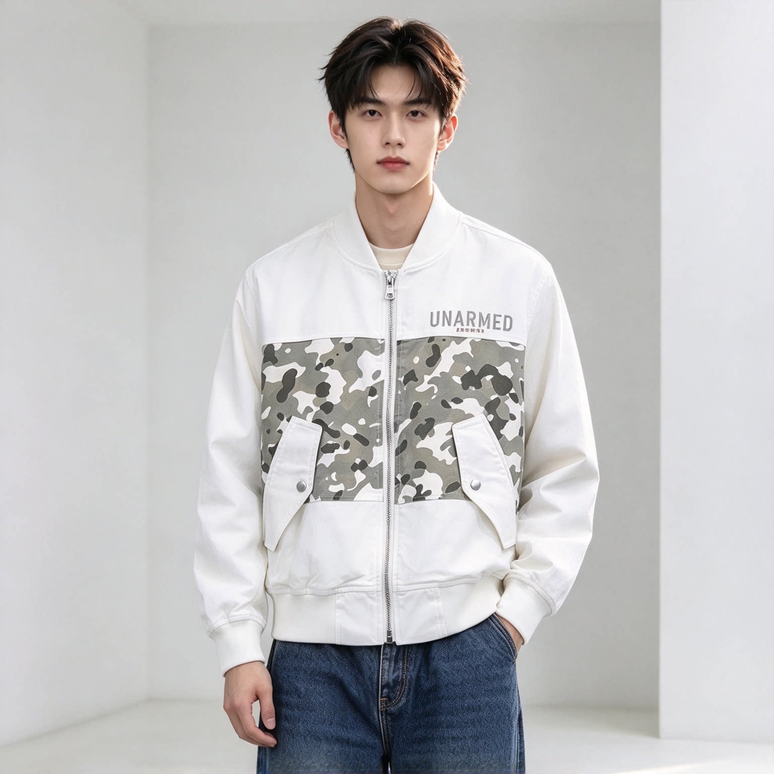 ABLEJEANS迷彩拼接棒球宽松夹克