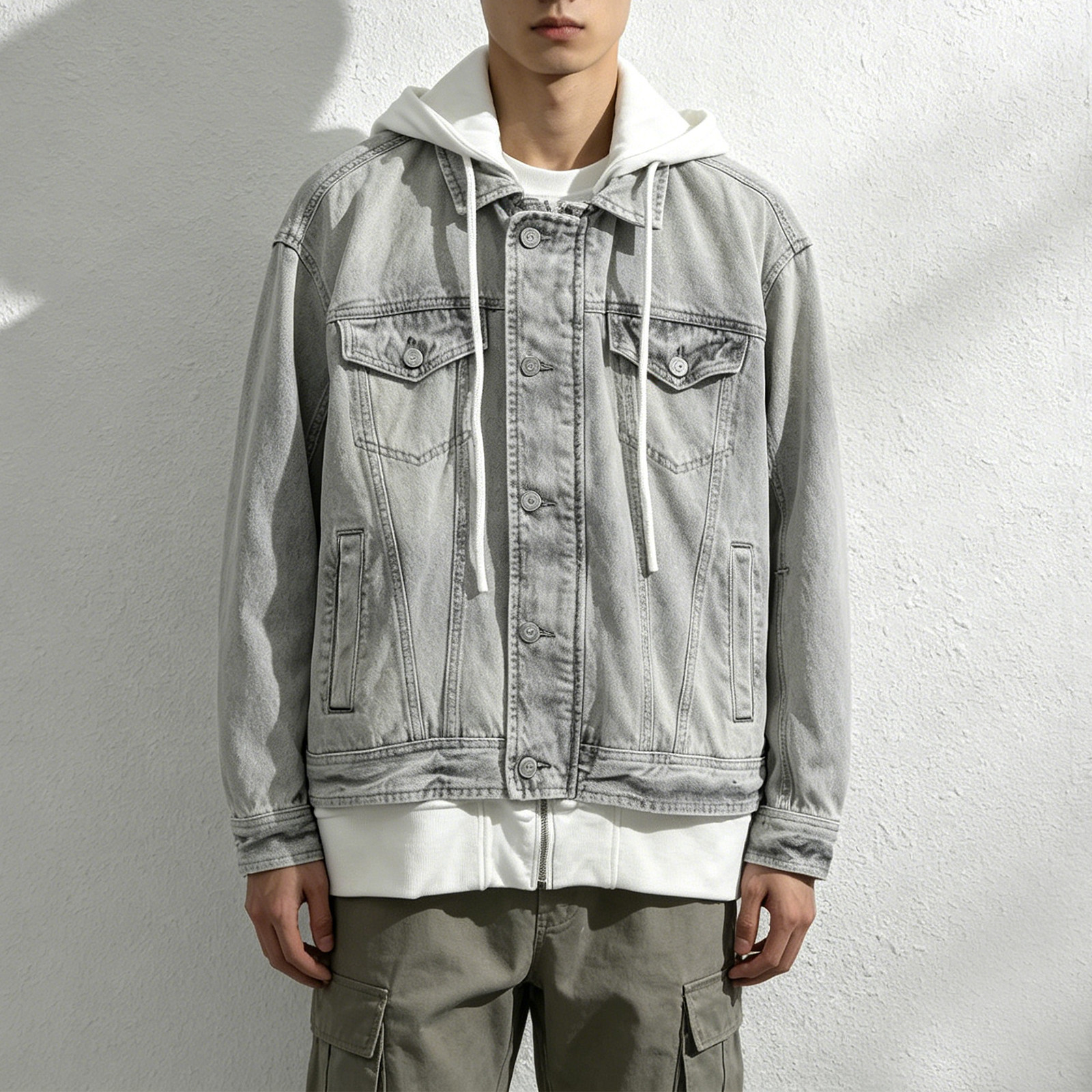 ABLEJEANS宽松牛仔夹克拼接帽