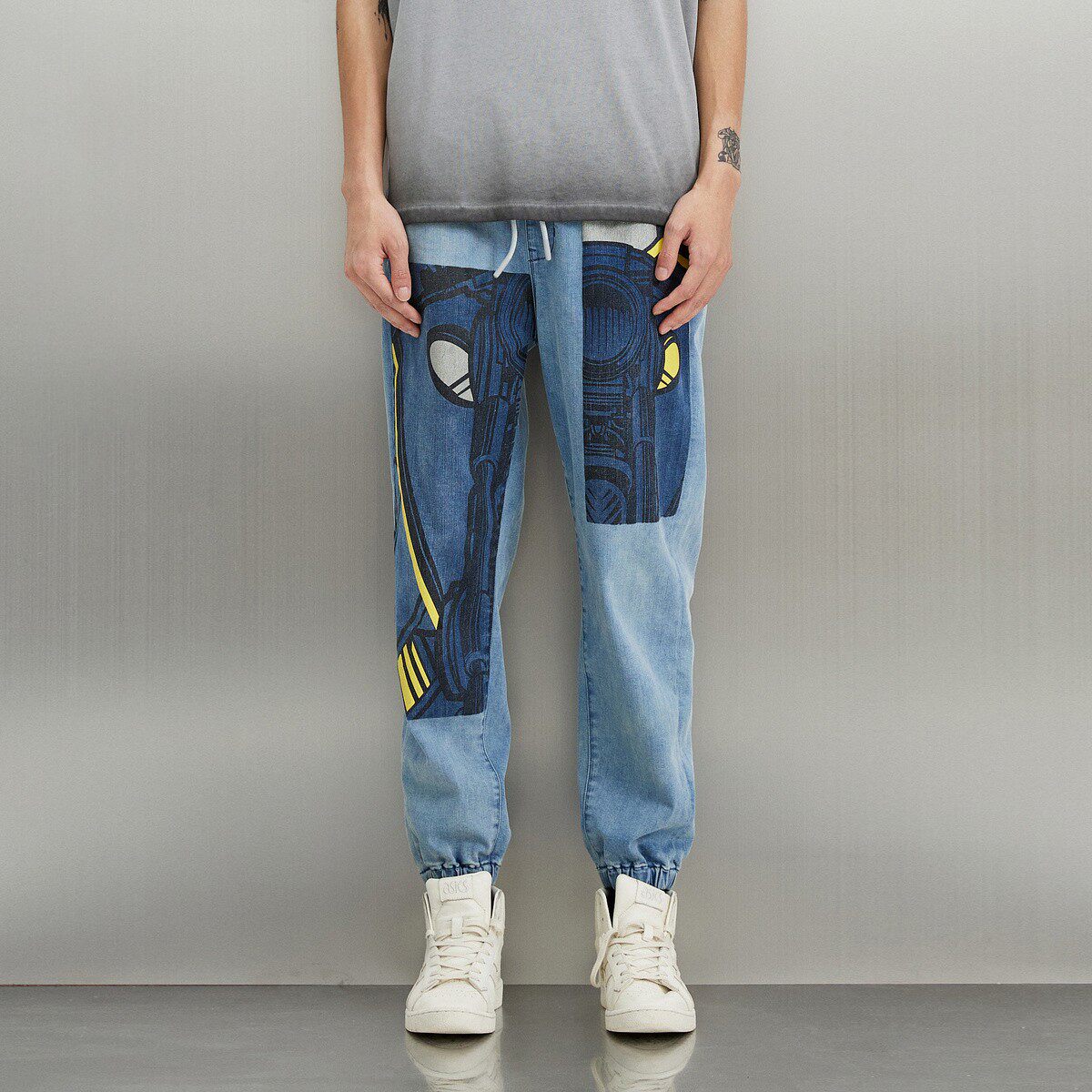 小黄人联名男女同款ablejeans水洗松紧腰酷跑牛仔裤哈伦休闲裤秋