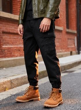 ABLE JEANS秋冬男工装牛仔裤黑色磨毛厚款束脚裤多口袋休闲小个子