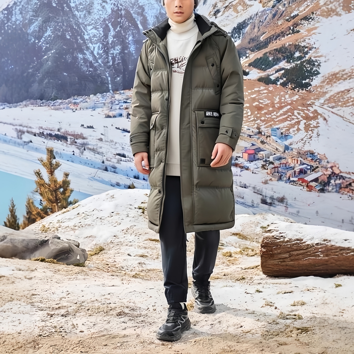 清仓超实惠ABLE JEANS男羽绒服冬季长款厚外套工装毛领绿韩版潮男