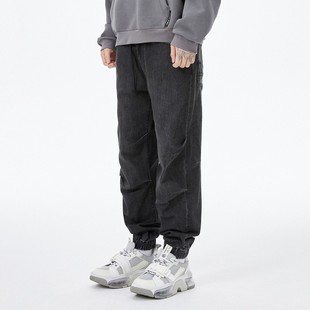 男牛仔裤 新款 束脚滑板裤 潮流宽松黑灰色工装 ABLE 牛仔裤 JEANS秋季