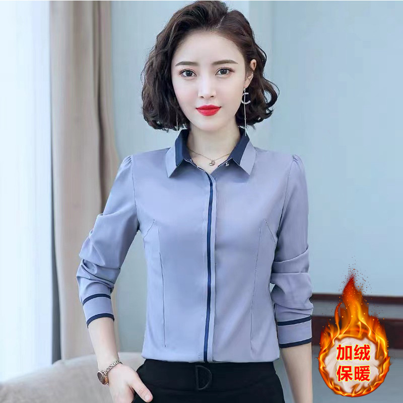 职业衬衫女长袖2022秋冬新款工装套装前台接待加绒白色衬衣工作服