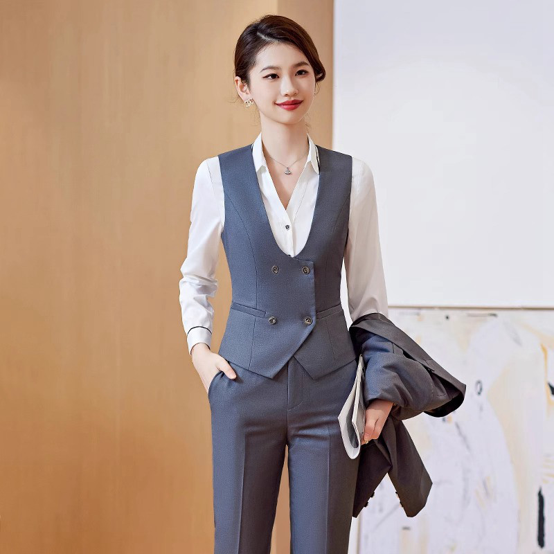 灰色西装马甲背心女2024新款气质酒店前台销售职业马夹工作服套装