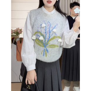 秋冬韩版立体花朵刺绣圆领套头针织马甲女小个子短款叠穿背心毛衣