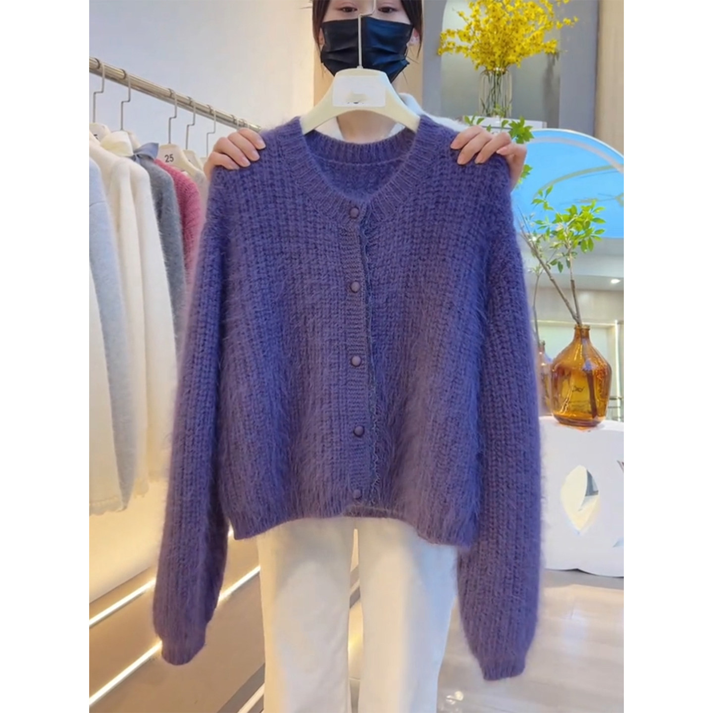 软糯紫色毛衣开衫女2025冬季新款法式优雅圆领蕾丝拼接针织衫上衣,女装/女士精品,大码内搭,淘宝优惠券,粉丝福利购,淘宝优惠卷