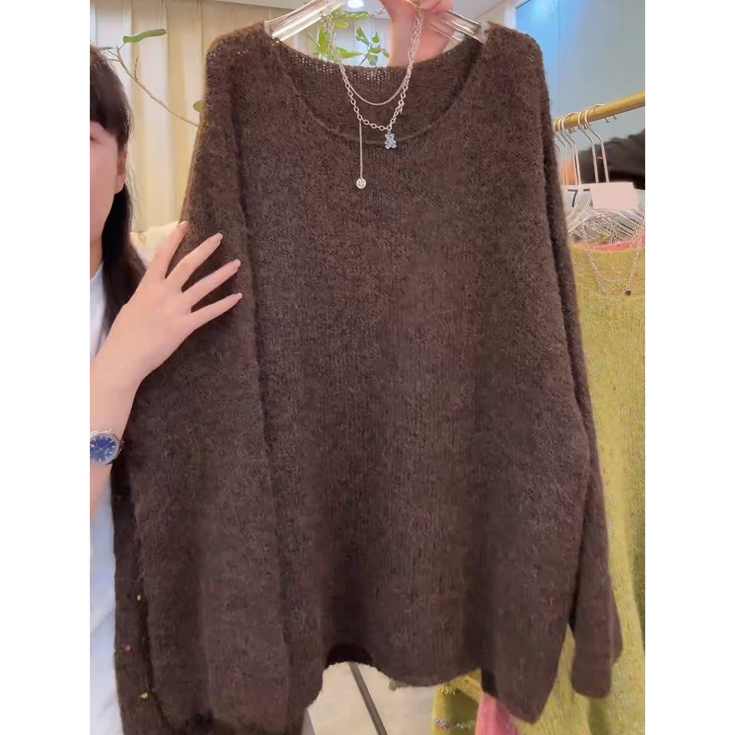 咖色慵懒风毛绒毛衣女宽松oversize百搭显瘦长袖圆领套头针织上衣