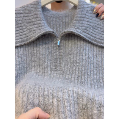 高级感拉链娃娃领灰色长袖毛衣