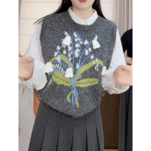 秋冬韩版立体花朵刺绣圆领套头针织马甲女小个子短款叠穿背心毛衣