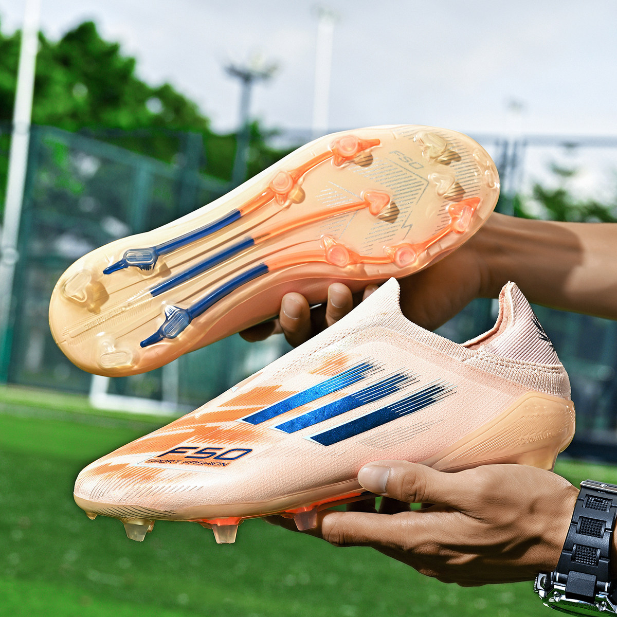 梅西F50新款足球鞋长钉AG无鞋带TF碎钉青少年小学生中考比赛训练