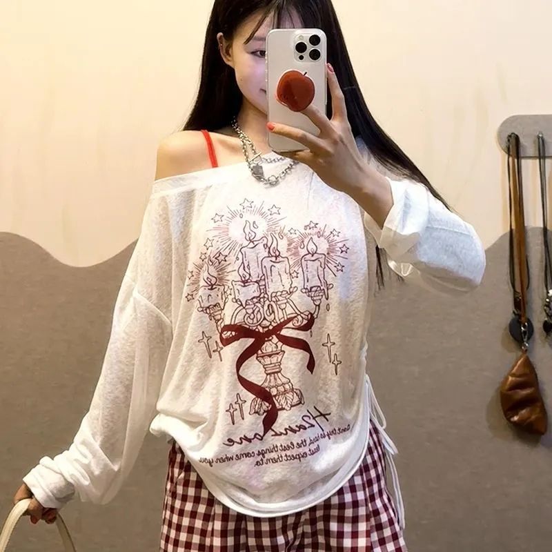 美式纯欲风性感透明防晒上衣女T