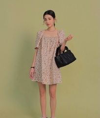 Summer retro square neck bubble sleeve floral loose slim age reducing short dress