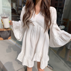 French Style Lace patchwork flared sleeve dress