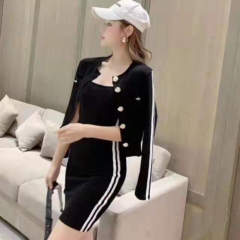 2021 spring and autumn new slim casual knitted suspender dress + button up cardigan suit