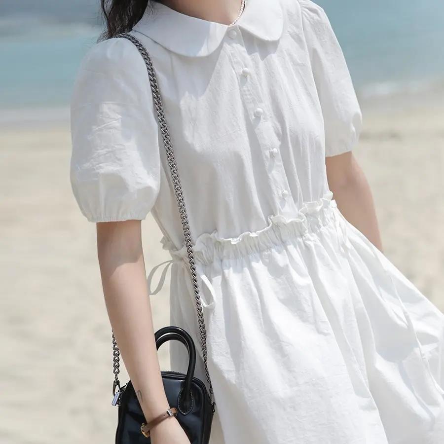 White shirt bubble sleeve dress women's summer dress baby collar sweet age reduction waist versatile slim A-line short skirt