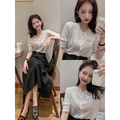 Camellia flower cardigan women's short silk knitwear short sleeve mulberry silk jacket summer thin