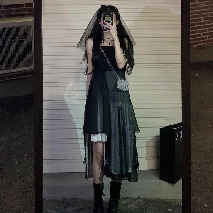 Dark runaway princess dress large summer new irregular suspender skirt waist dress fashion