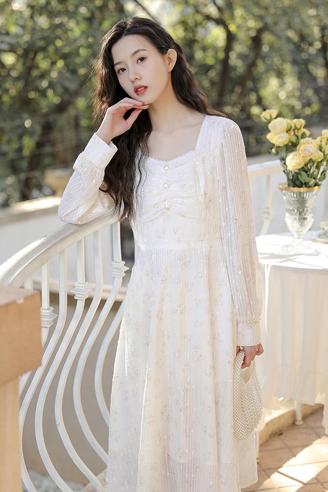 Spring dress 2021 new long skirt fairy super fairy gentle temperament tea break French Chiffon floral dress girl