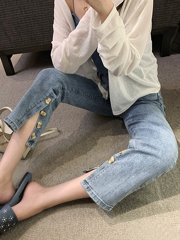 Side split button high waisted jeans women's straight leg pants versatile retro slim quarter pants